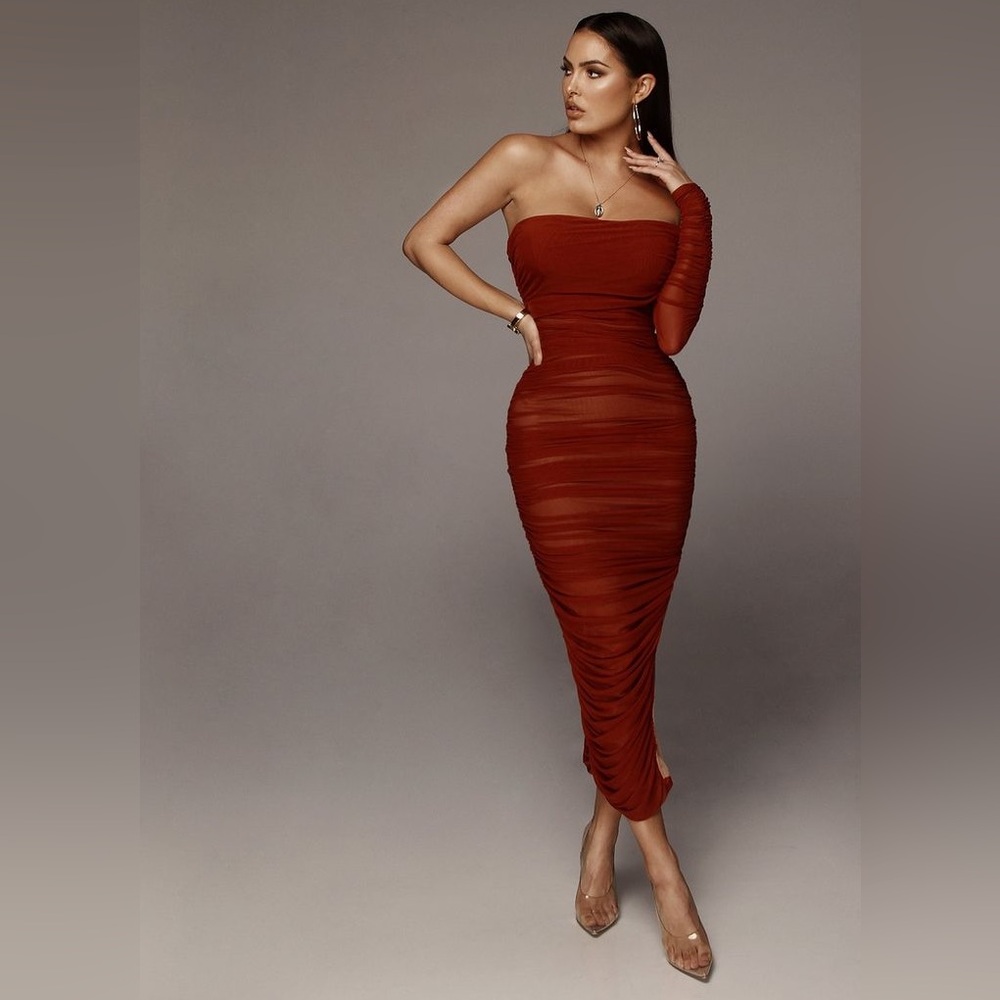 JLUXLABEL Red Claudia Ruched Mesh Dress